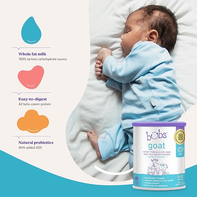 Bubs Whole Goat Milk Formula with Iron, Goat Milk-Based Powder, for Infants 0-12 Months, Made with Non-GMO Goat Milk, 20 oz-CubbioJoy