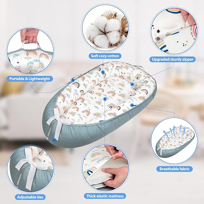 Baby Lounger - Baby Lounger for Newborn 0-24 Months, Breathable & Soft Baby Nest, Portable and Lightweight Lounger for Home and Travel, Ideal Newborn Babies Essentials (Blue-Rainbow)-CubbioJoy