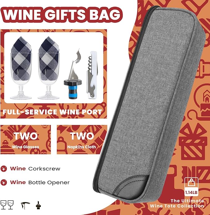 ALLCAMP Wine Bag - Insulated Cooler Bag with Wine Glasses, Bottle Opener & Wine Accessories for Wine Lovers - Portable Wine Gift Bag for Travel, Picnics, and Gift Ideas(Gray)-CubbioJoy