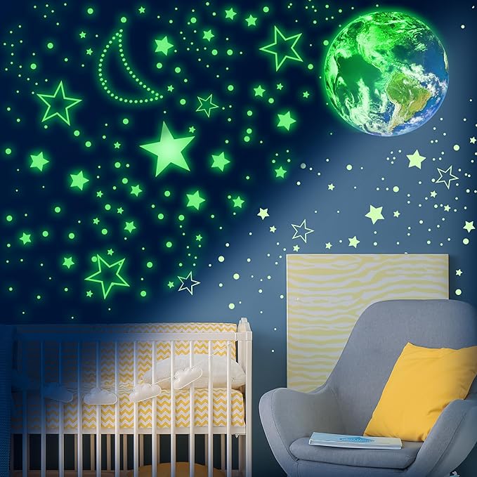965 PCS Glow in The Dark Stars and Earth for Ceiling, Luminous Stars and Planet Wall Decals, Kids Room Decor, Glowing Galaxy Wall Stickers for Nursery Decorations (Green)-CubbioJoy
