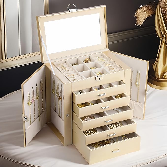 BOOVO Jewelry Box For women, 6 Layer Large Jewelry Organizer With Mirror, Multi-Function Storage Box With Lock, Accessory Holder With 5 Drawers, For Earrings Necklace Ring Bracelet (Pale gold)-CubbioJoy