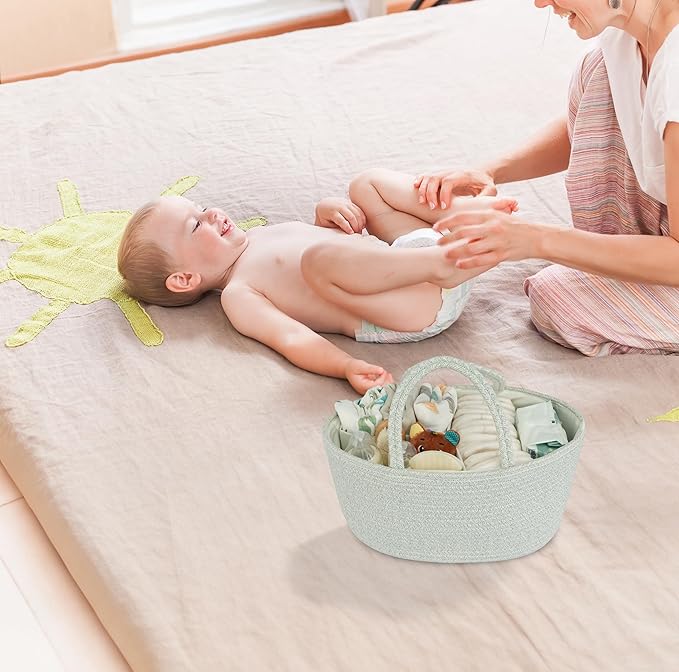 Diaper Caddy Organizer Cotton Rope Baby Basket Nursery Storage and Portable Tote Bag for Car Ideal Baby Shower Gifts and Registry Must-Have for Newborn Essentials Large light green-CubbioJoy