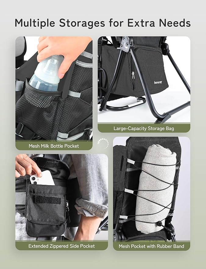 besrey Baby Backpack Carrier, Toddler Hiking Backpack with Safety 3-Height Seat, Adjustable Straps&Waist Belt, Foldable Frame Lightweight Large Capacity Child Carrier for Hiking (Black)-CubbioJoy