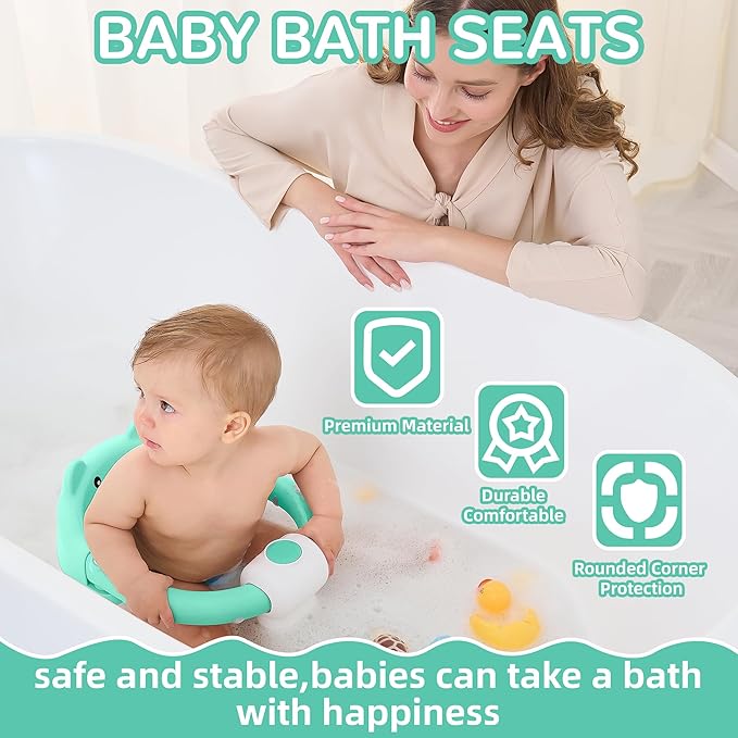 Baby Bath Seat for Babies 6 Months & up, Non-Slip Toddler Bath Seats for Babies Sitting Up, Safe Infant & Newborn Bathtub Chair with 4 Suction Cups & Soft Cushion for Shower,Mint-CubbioJoy