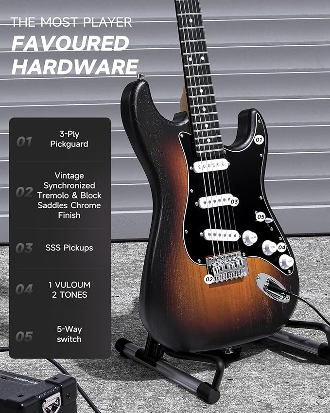 DONNER DST-80 Electric Guitar 39” Beginner Electric Guitar Kit with Amp, Classic SSS Pickup Complete with Gig Bag, Tuner, Capo, Strap, Picks, and Free Online Lessons, Red Tea Burst-CubbioJoy