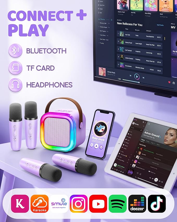 IROO Mini Karaoke Machine for Kids, 2025 TOP Toys Birthday Gifts Ideas for Girls Ages 4, 5, 6, 7, 8, 9, 10, 12+ Years Old, Portable MP3 Player with 4 Wireless Mics for Party-CubbioJoy