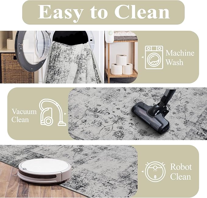 9x12 Area Rug Living Room Rugs, Stain Resistant Washable Rug, Vintage Large Non-Slip Backing, Low Pile Lightweight Print Rug for Bedroom Dinning Room Home Office (White/Grey)-CubbioJoy