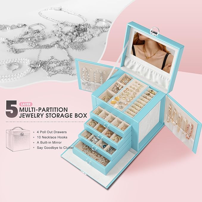 5-Layer Jewelry Box with 4 Drawers, Huge Portable Jewelry Organizer with Lock and Mirror for Women, for Necklace Ring Earring Bracelet Storage, Lockable Jewelry Case, Blue-CubbioJoy