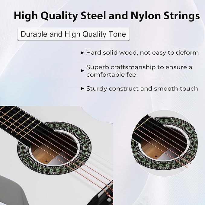 ADM Beginner Acoustic Classical Guitar Nylon Strings Wooden Guitar Bundle Kit for Kid Boy Girl Student Youth Guitarra Online Lessons with Gig Bag, Strap, Tuner, Picks (30 Inch, White)-CubbioJoy