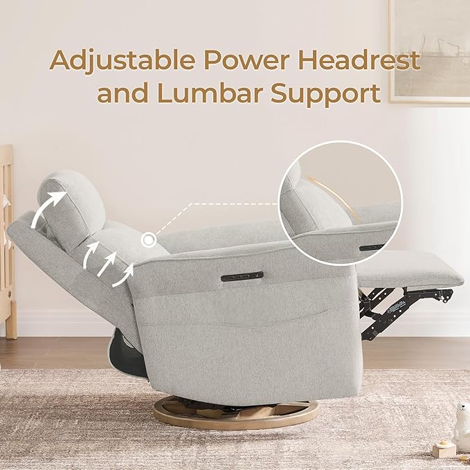 CHITA Power Recliner Chair, Electric Triple-Motor Swivel Glider Nursery Rocking Chair with Adjustable Power Headrest and Lumbar Support, GREENGARD Gold Certified, Solid Wood Base, Crockery Grey-CubbioJoy