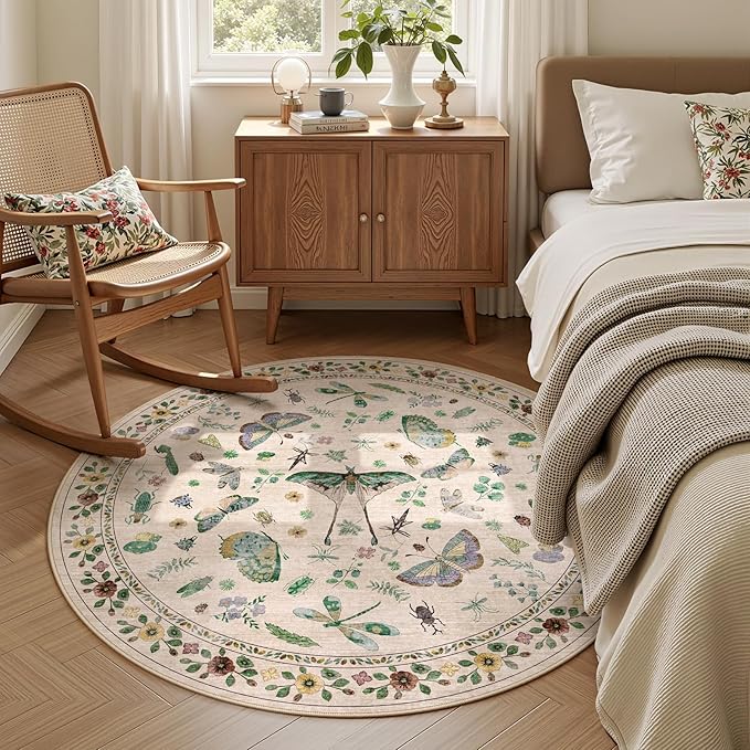 4ft Washable Round Rug - Bug Rugs for Living Room Non-Slip Low Pile Soft Ultra-Thin Machine Washable Circle Carpet for Bedroom, Entryway, Nursery, Kitchen, Home Office (4' Round Beige)-CubbioJoy