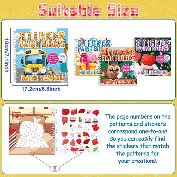 4Pcs Back to School Paint by Sticker Books Sticker by Number Books Activity Book Puzzle Book Craft Art Gift School Bus Apple Owl Alarm 32 Pictures-CubbioJoy