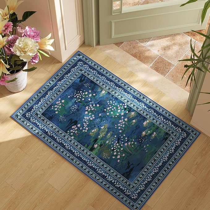 2x3 Rug Impressionist-Style Vintage Indoor Door Mat Machine Washable Small Area Rug Non-Slip Low Pile Throw Rugs for Entryway Kitchen Front Door Indoor Entrance Entry Kids Room, Blue-CubbioJoy
