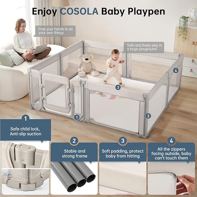 Baby Playpen,Large Play Pen for Babies and Toddlers with Door 79x71 Inch, Adjustable Playpen Non-Slip Suction Cups Base Safe and Sturdy, Indoor Outdoor Playard,Black-CubbioJoy