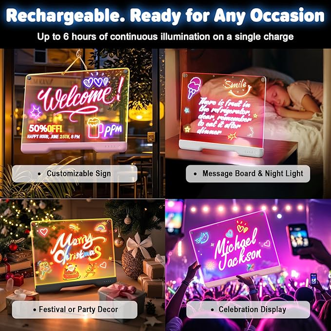 16-Inch Rechargeable Doodle Glow LED Note Board, 7-Color Light Modes, Neon Art Dry Erase Light Up Drawing Pad with Built-in Stand, Sketching Gift Toy for Kids/Girls/Teens, 5 Markers & Tracing Book-CubbioJoy