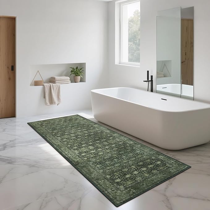 2'6x8' Washable Runner Rug for Hallway, Non Slip Vintage Floral Long Carpet Runners for Entryway, Kitchen, Bathroom, Bedroom, Low Pile Laundry Rugs Rubber Backing (Distressed Green)-CubbioJoy