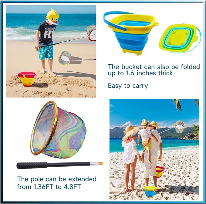 2PCS Fishing Net with Bucket, Telescopic Fishing Landing Net, Collapsible Kids Sand Bucket, Kids Fish Butterfly Catching for Freshwater Saltwater Outdoor Activities-CubbioJoy