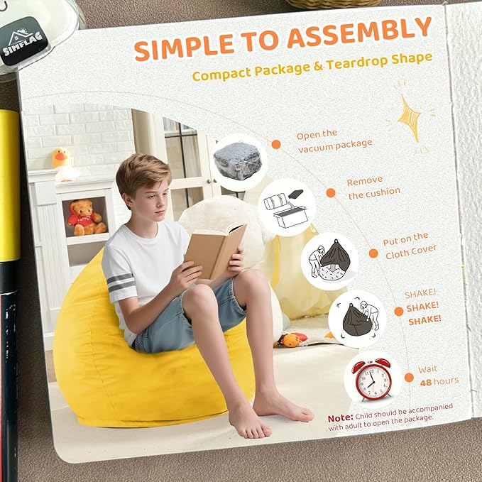 2FT Bean Bag Chair, Comfy Bean Bag Chairs with Memory Foam Filled, Fluffy Beanbag Sofa with Dutch Velvet Cover, Teardrop BeanBag Chairs for Living Room, Playroom - Lemon-CubbioJoy