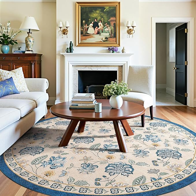jinchan 8ft Floral Round Rug for Dining Room Washable Living Room Rug Vintage Romance Design Non Slip Indoor Floor Cover Lightweight Low-Profile Throw Carpet for Bedroom Porch Patio, Blue/Beige-CubbioJoy