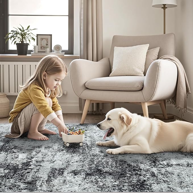 Area Rug Living Room Rugs: 5x7 Abstract Washable Rugs Ultra Soft Carpets with Non-Slip Backing Stain Resistant Carpet for Dining Room Table Bedroom Nursery Indoor Home Office Dark Black/Gray-CubbioJoy
