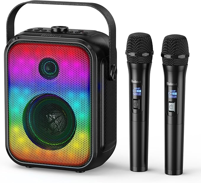 Karaoke Machine, Portable Bluetooth Speaker with 2 Wireless Karaoke Microphones, Karaoke Machine for Adults Kids with Subwoofer, LED Light Support TWS/FM/USB/AUX for Home Party Outdoor-CubbioJoy