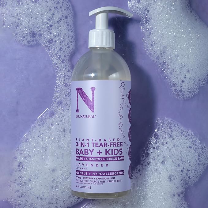 Dr. Natural 3-in-1 Tear-Free Baby Plus Kids Soap - Head-to-Toe Soap and Shampoo - Sensitive Skin Moisturizing Body Wash - Lavender - 16 oz-CubbioJoy