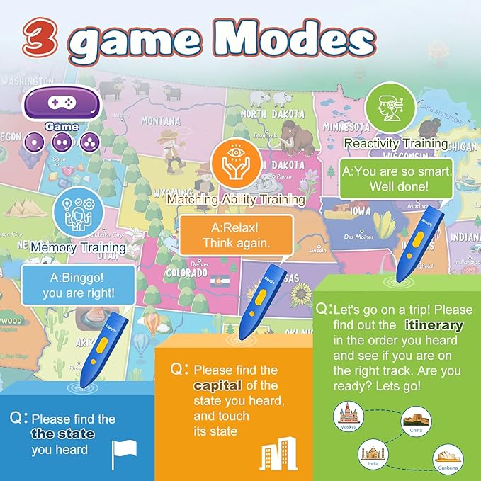 Bilingual Interactive for Kids Talking USA Map for Kids Learning, Geography Toys Games Educational Electronic Map Christmas Personalized Gift/Toys for 4 5 6 7 8 9 10 Year Old Girls/Boys-CubbioJoy