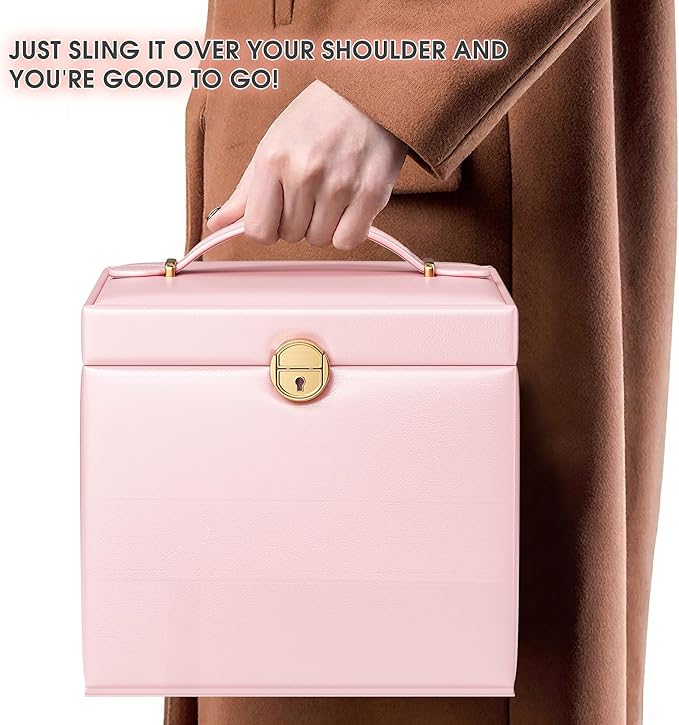 5-Layer Jewelry Box with 4 Drawers, Huge Portable Jewelry Organizer with Lock and Mirror for Women, for Necklace Ring Earring Bracelet Storage, Lockable Jewelry Case, Pink-CubbioJoy