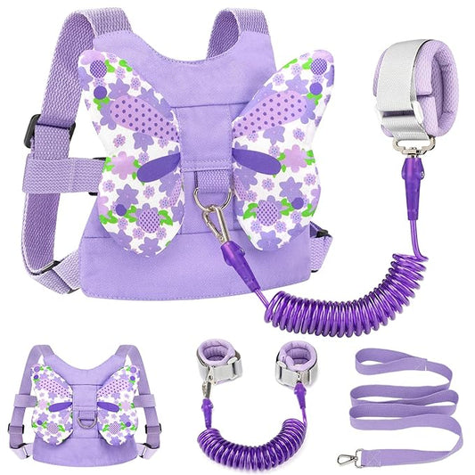 Accmor Toddler Harness Leash + Anti Lost Wrist Link, Kids Butterfly Harnesses With Children Leashes, Cute Baby Leash Walking Assistant Wristband Strap Tether for Girls Outdoor (Purple)-CubbioJoy