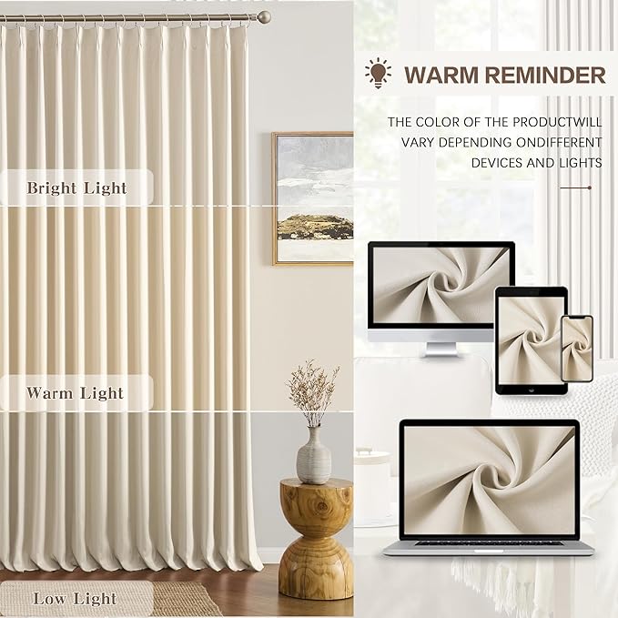 KEQIAOSUOCAI Pinch Pleat Blackout Curtains Pair with Hooks,60 Inch Wide Pleated Large Window Drapes for Office at Home Bedroom Sliding Glass Patio Doors Inside W60 xL90, Cream Beige-CubbioJoy