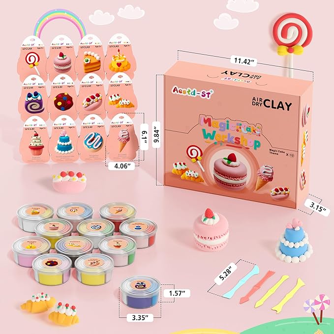 Air Dry Clay Kit - Cake Themed, Modeling Clay for Kids, DIY Model Magic Clay with Sculpting Tools and Tutorials, 12 Boxes Molding Clay, Ultra Light, Soft & Non-Toxic, Arts and Crafts Gift for Kids-CubbioJoy