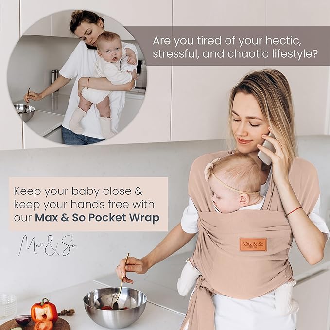 Baby Wrap Carrier - Premium Cotton Baby Carrier Wrap for Newborn to Toddler- Infant Carrier- Baby Holder One Size Fits All with Front Pocket(Beige) by Max&so-CubbioJoy