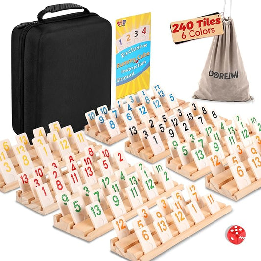 Deluxe Rummy Cube Game Set 6-8 Players with 8 Wooden Racks and 240 Melamine Rummy Tiles, Travel Family Board Game for Adults and Kids-CubbioJoy