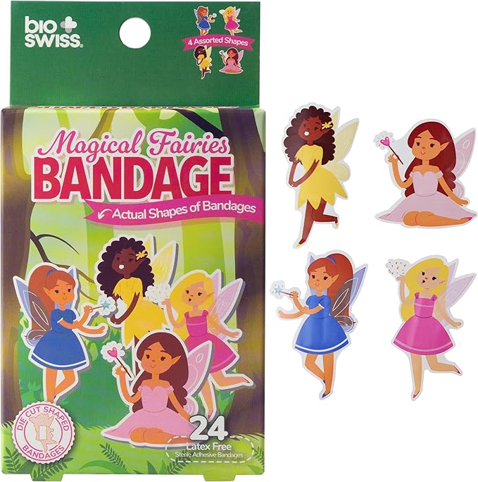 BioSwiss Bandages, Magical Fairies Shaped Self Adhesive Bandage, Latex Free Sterile Wound Care, Fun First Aid Kit Supplies for Kids and Adults, 24 Count-CubbioJoy