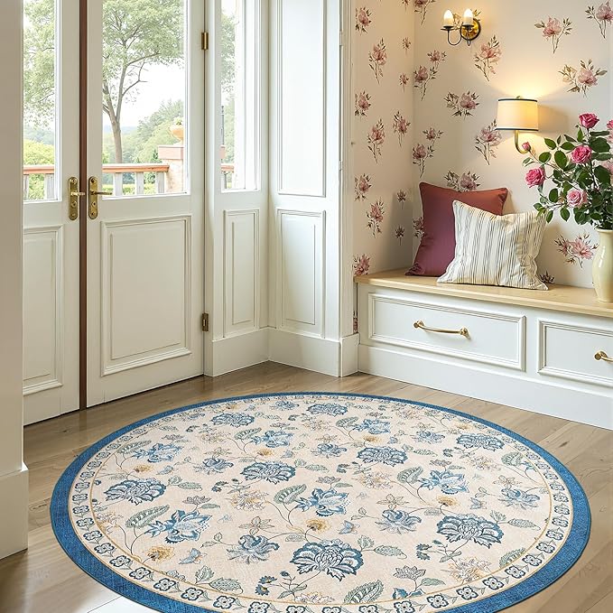 jinchan 6ft Floral Round Rug for Dining Room Washable Living Room Rug Vintage Romance Design Non Slip Indoor Floor Cover Lightweight Low-Profile Throw Carpet for Bedroom Porch Patio, Blue/Beige-CubbioJoy
