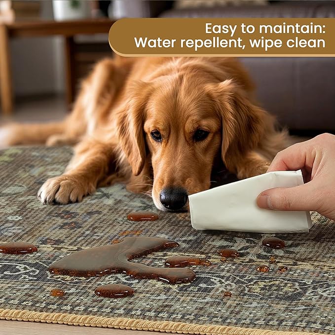 5x7 Machine Washable Area Rug for Living Room Dining Room, Vintage Floral Kitchen Rugs Non Slip, Traditional Indoor Floor Carpet for Bedroom, Farmhouse, Office Classroom Brown/Yellow-CubbioJoy