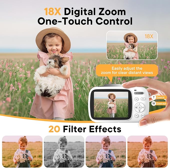 Digital Camera 4K 64MP - Vlogging Camera for Kids & Beginners | 18X Zoom Point and Shoot Camera Anti Shake, Compact with Flash, Gift for Boys Girls(White+Silver)-CubbioJoy