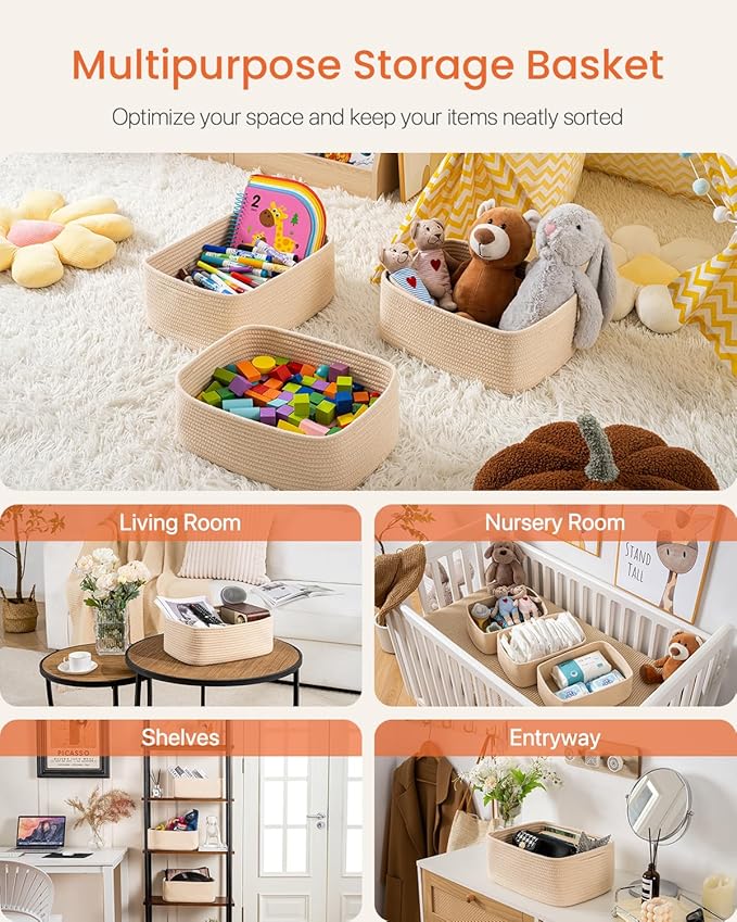 KALLAX Small Woven Basket, 13.5 x 9.5 x 5 Inches, Storage Basket for Organizing, Cute Small Rope Shelf Closet Cube Storage Bins Baskets for Shelves, Dog Toy Gift Baskets Empty, 3 Packs, Beige-CubbioJoy