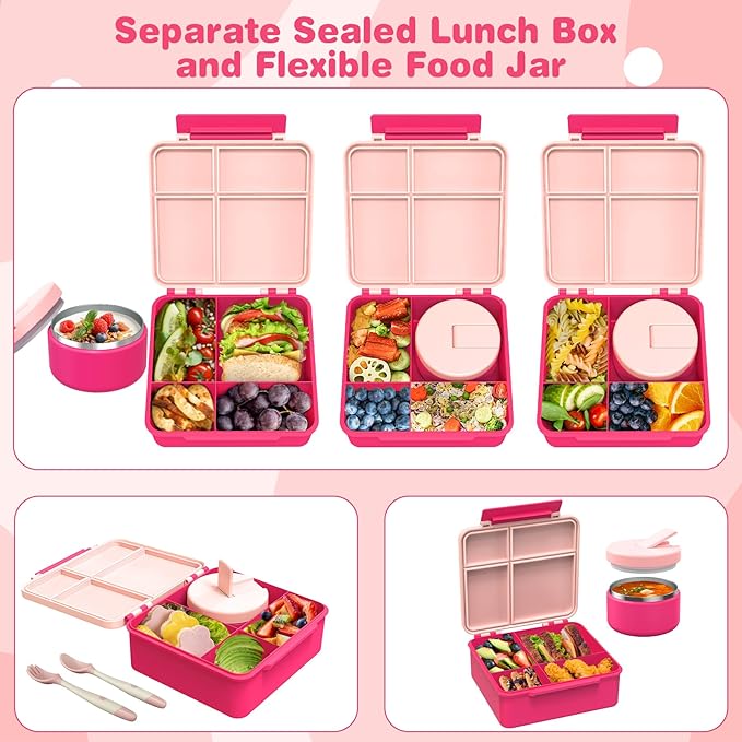 Bento Lunch Box with 8oz Soup Thermo, Kids Leakproof Lunch Food Containers with 4 Compartment, Kids Thermo Insulated Hot Food Jar for School, Trvael - (Pink)-CubbioJoy
