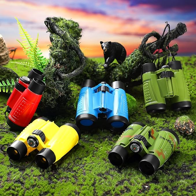 25 Pack Binoculars for Kids 6+ Years Old, with Compass and Neck String Toddler Toy Binoculars Gift Set for Camping Adventure, Party Favor, Red, Yellow, Camo, Green, Blue-CubbioJoy