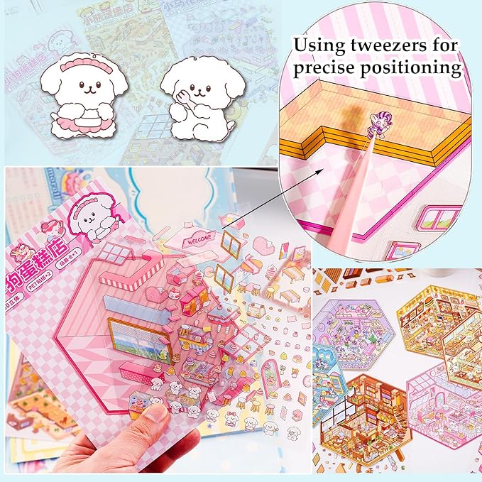 DIY 3D House Sticker, 6 Sets of Sticker Make Your Own Mini Shop Scenes Stickers for Kids Kawaii Cartoon Scene Stickers for Adult Relief Stress Pass The Time-CubbioJoy