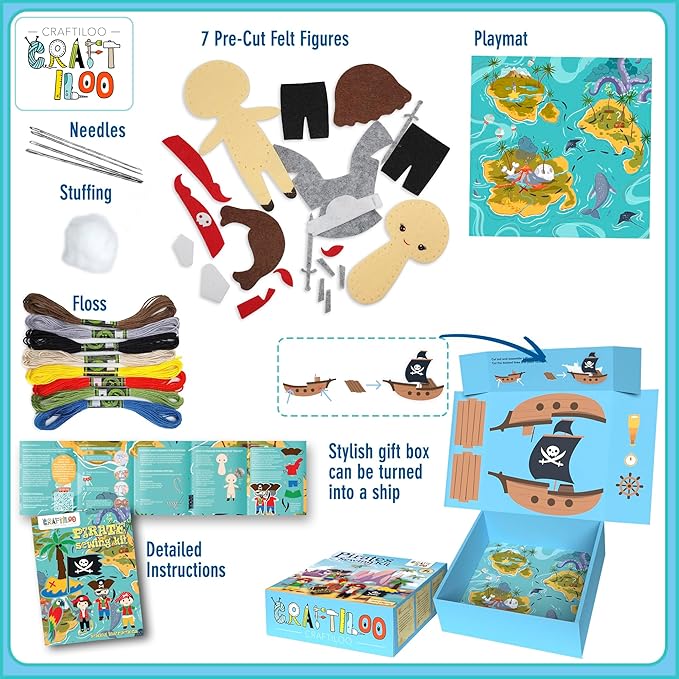 CRAFTILOO Pirates Pre-Cut Fun Kids Sewing Kit for Kids Ages 8-12 Children Beginners Sewing kit Kid Crafts Make Your Own Felt Pillow Plush Craft Kit Girls and Boys Art Craft Kits Learn to Sew Kit-CubbioJoy