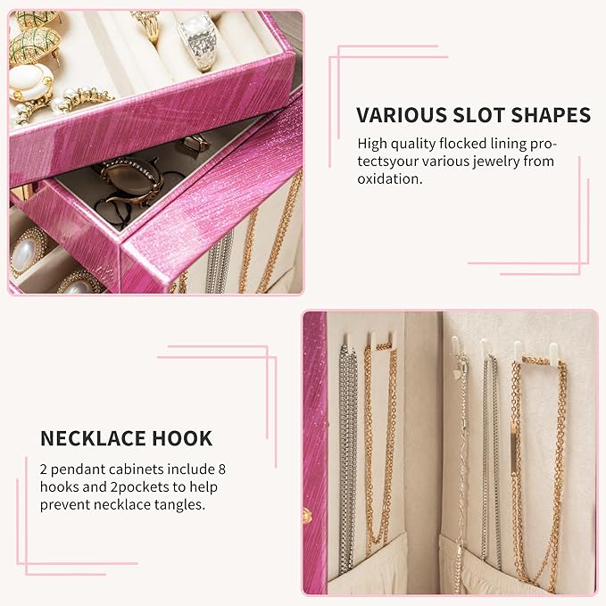 AKOZLIN 6-Tier Jewelry Box Lockable Leather Jewelry Storage Case with 5 Drawers for Women Girls Ring Necklace Earring Bracelet Holder Organizer with Mirror Rose-CubbioJoy