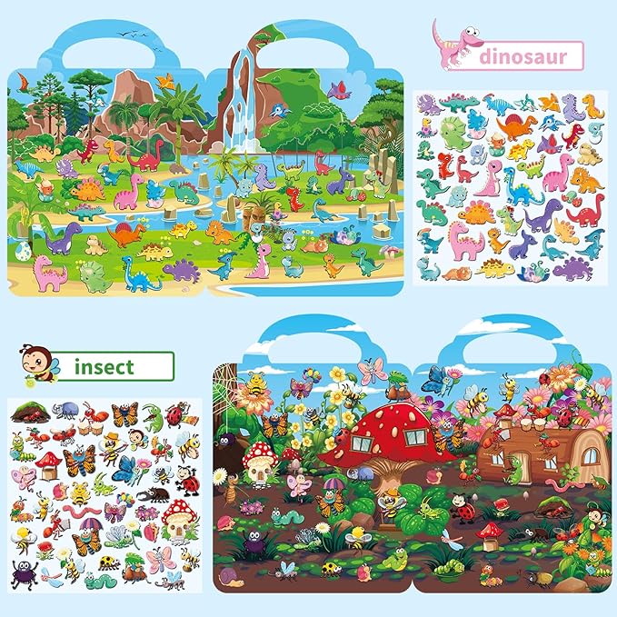 6 Set Reusable Sticker Books for Toddlers 2-4,1-3, Kids 3D Puffy Stickers (Dinosaurs, Forest, Town, Pets, Construction, Insects), Sticker Activity Books-CubbioJoy