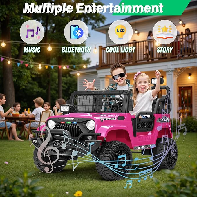 2 Seater Ride On Car Truck with Remote Control XL, Kids 24V Battery Powered Electric Vihicle w/21 in Seat, 3 Speeds, 2WD/4WD Switichable, Shock Absorbers,Bluetooth, Flower, Gift Choice-CubbioJoy