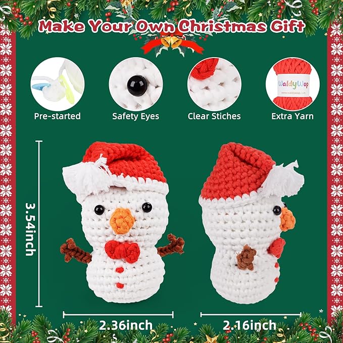 Christmas Snowman Crochet Kit for Beginners, Crochet Starter Kit for Kids Adults, Learn to Crochet w/Step-by-Step Video Tutorials, Pre-Started Yarn, Hook, DIY Amigurumi Craft Gifts for Christmas Décor-CubbioJoy