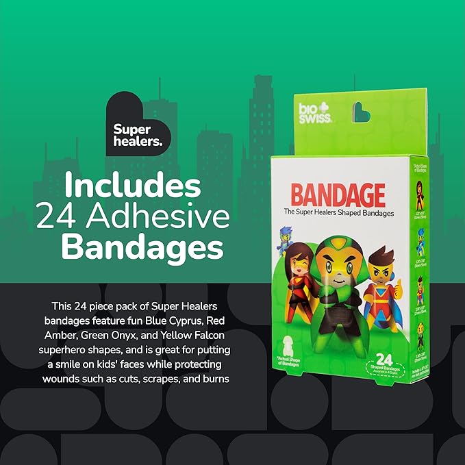 BioSwiss Bandages, Super Healers Superhero Shaped Self Adhesive Bandage, Latex Free Sterile Wound Care, Fun First Aid Kit Supplies for Kids and Adults, 24 Count-CubbioJoy