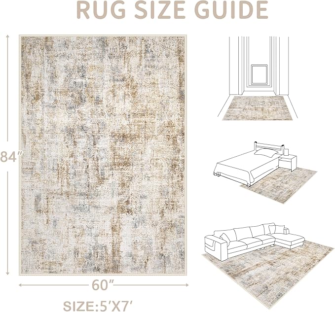 Area Rugs 5x7 Living Room: Washable Rug Modern Abstract Rugs Soft Non Slip Neutral Rug Stain Resistant Indoor Carpet for Bedroom Kitchen Dining Room Nursery Home Office Rugs(Blue Brown,5'x7')-CubbioJoy