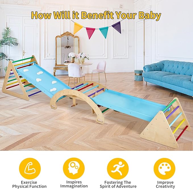 9-in-1 Climbing Triangle Set with Detachable Wooden Climbing Arch for Rocking Horse and Climbing, Indoor Triangle Jungle Playground Gym for Toddlers-CubbioJoy