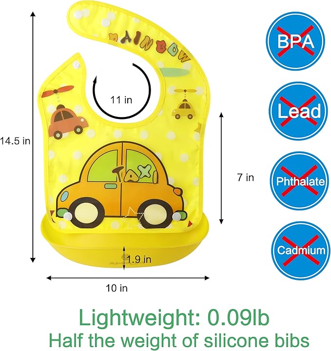 Amplim Baby Feeding Bib (3-Pack) Toddler/Baby Bibs for Eating. Waterproof, Adjustable, Lightweight. Eco-friendly PEVA material. BPA, Lead, Phthalate, Cadmium free-CubbioJoy